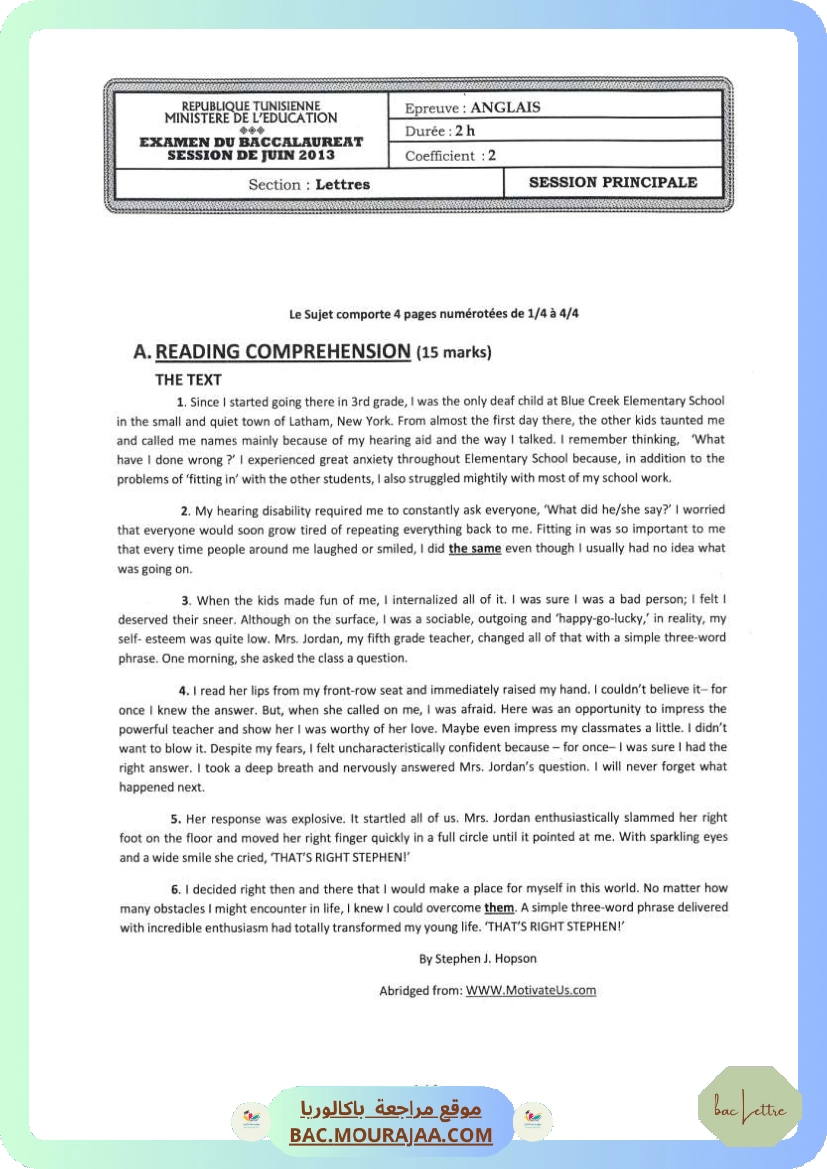 Sujet principale anglais Bac 2013 – Section lettre